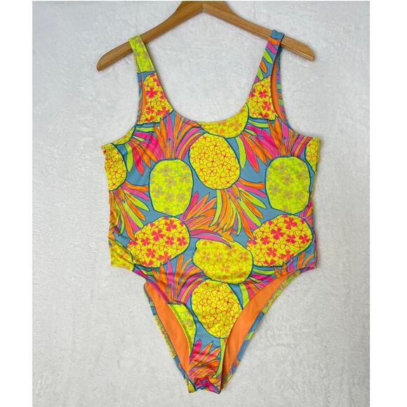 Chubbies One Piece Pineapple Neon Beach Miami 80s Vacation Low Back Sexy sz L - Picture 3 of 8